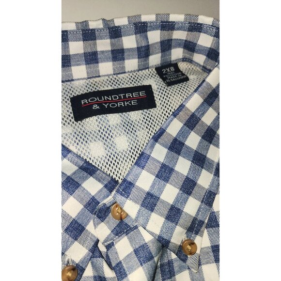 Roundtree & Yorke Men's 2XB Blue & White Check Button-Down Shirt Long Sleeve New - Picture 4 of 15